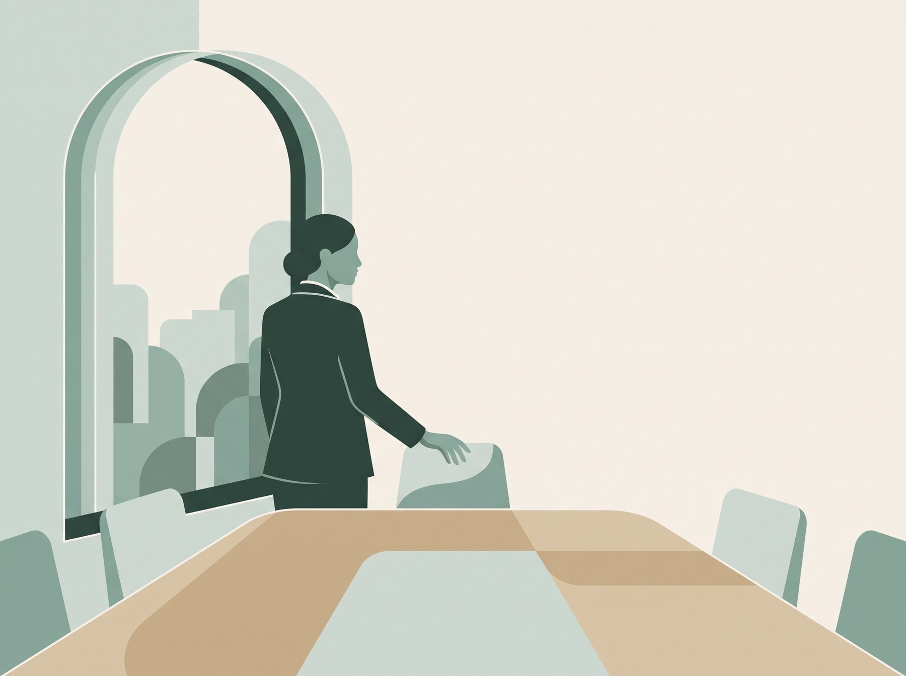 Illustratie: leidinggevende in een vergaderruimte met uitzicht op de stad