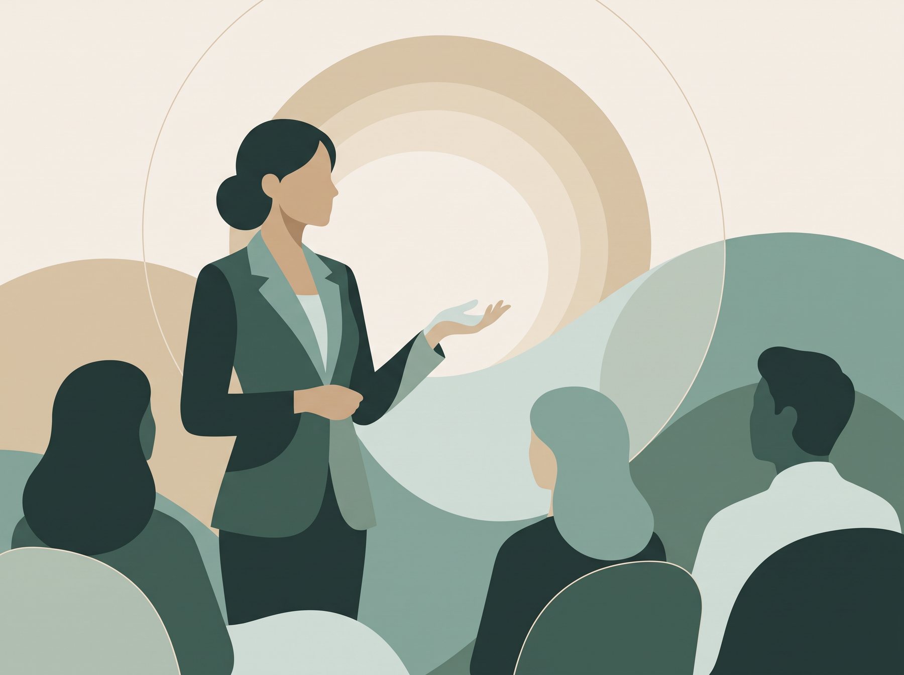 Illustratie: vrouw spreekt rustig een groep toe