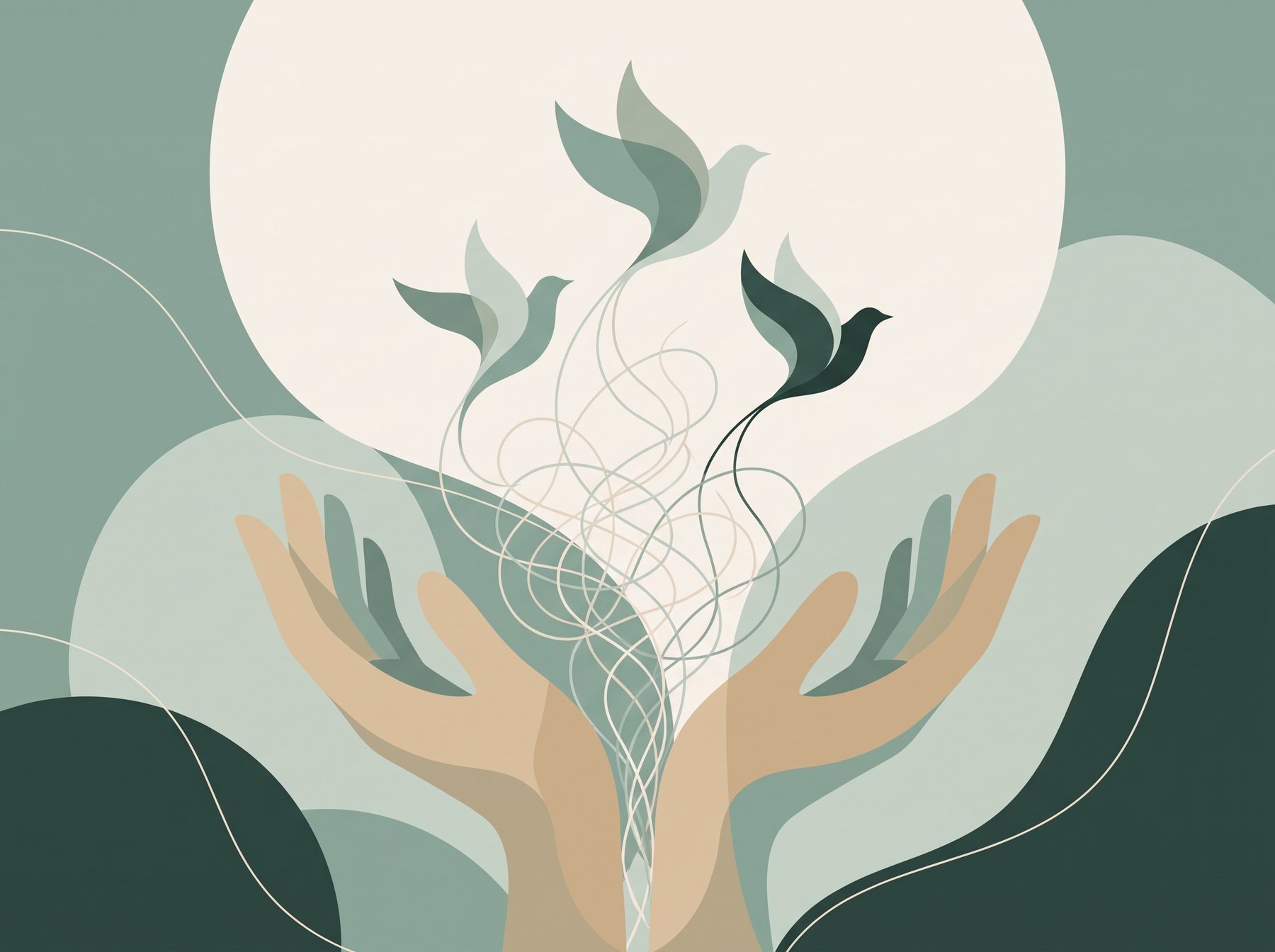 Illustratie: open handen waaruit vogels opvliegen