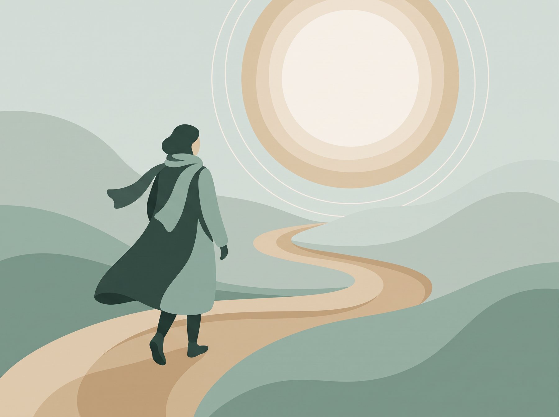 Illustratie: vrouw wandelt over een rustig pad naar de zon