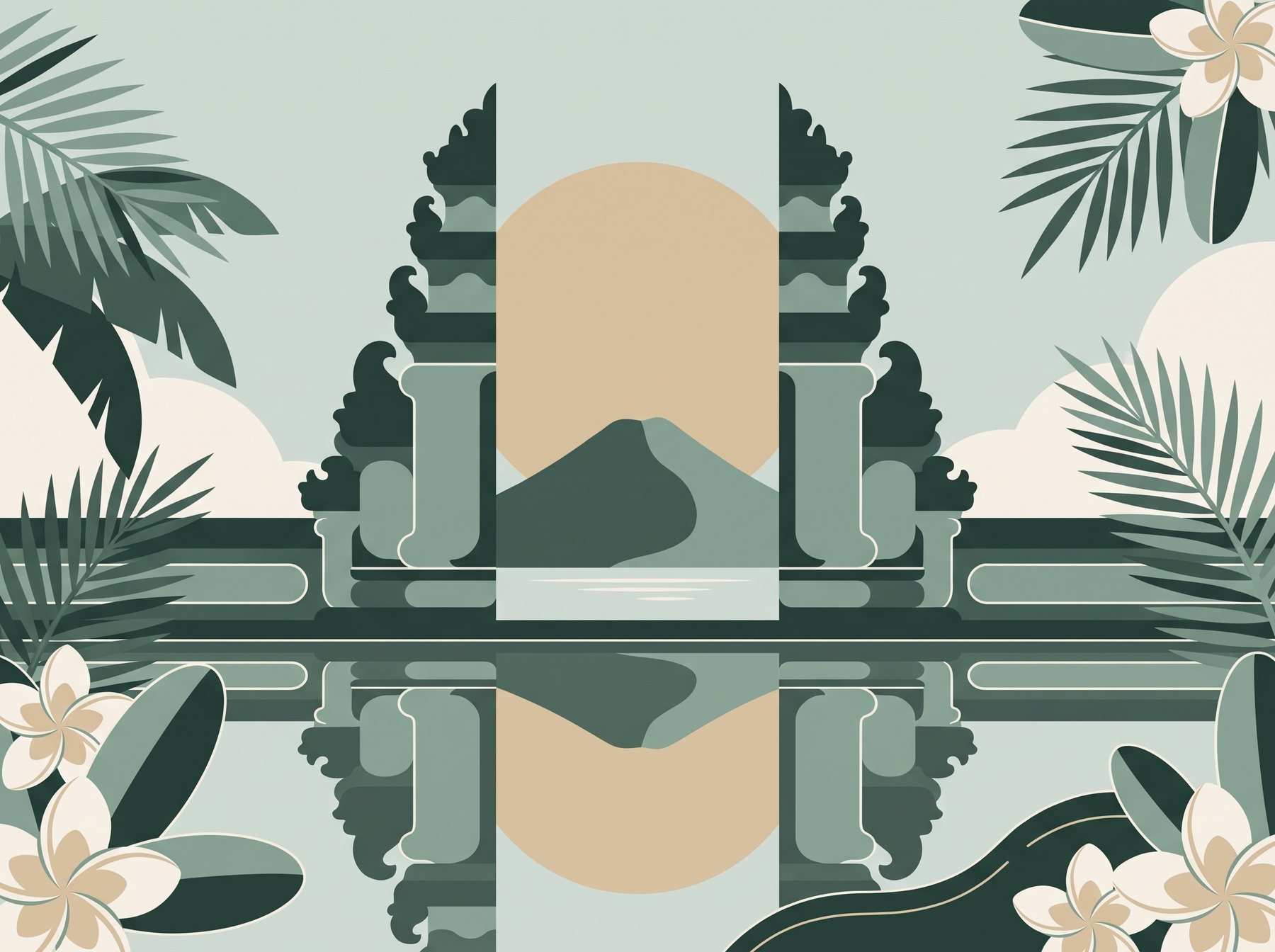 Illustratie: Balinese tempelpoort met een vulkaan, weerspiegeld in het water
