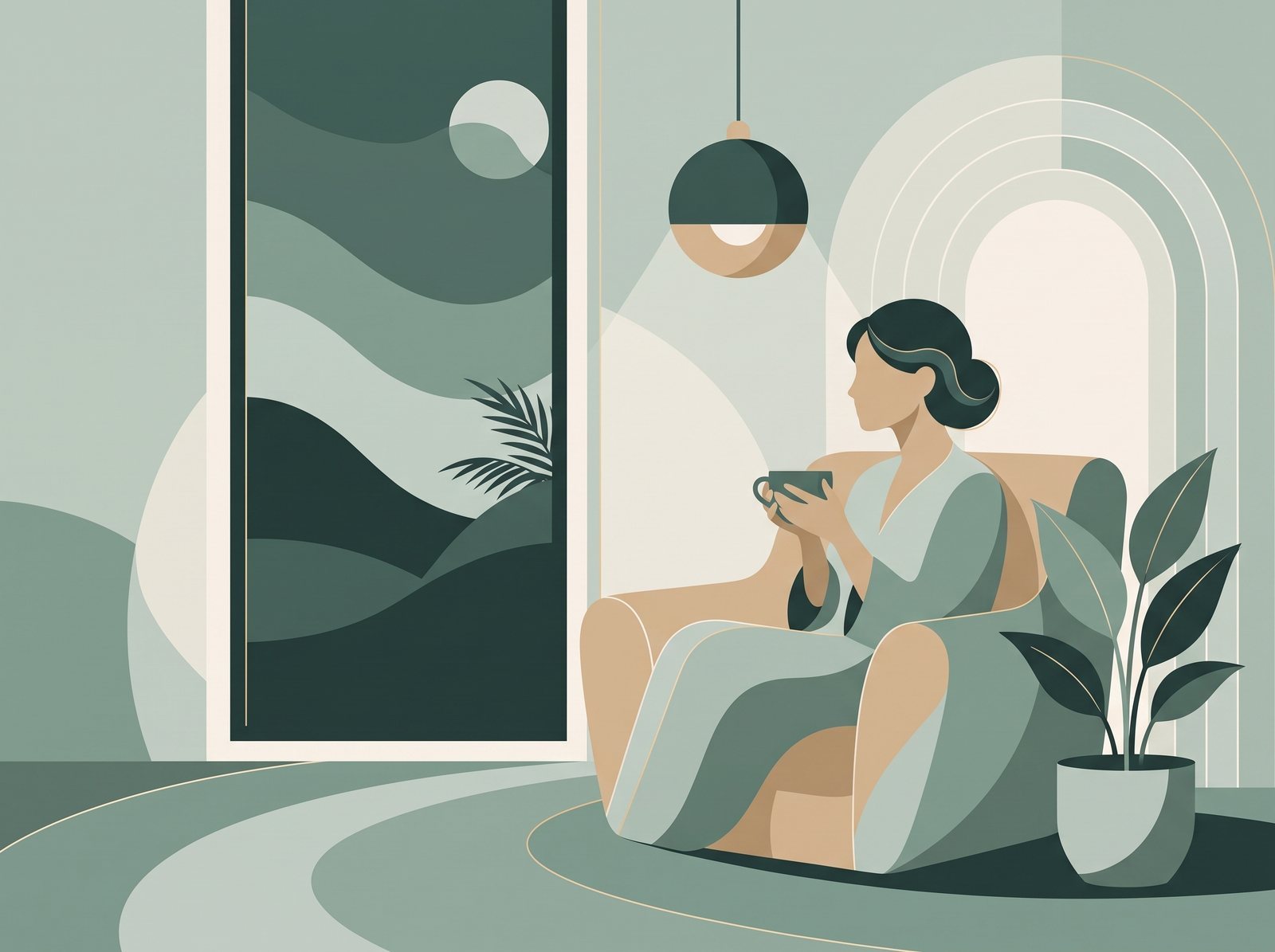 Illustratie: vrouw met een kop thee in een rustige kamer