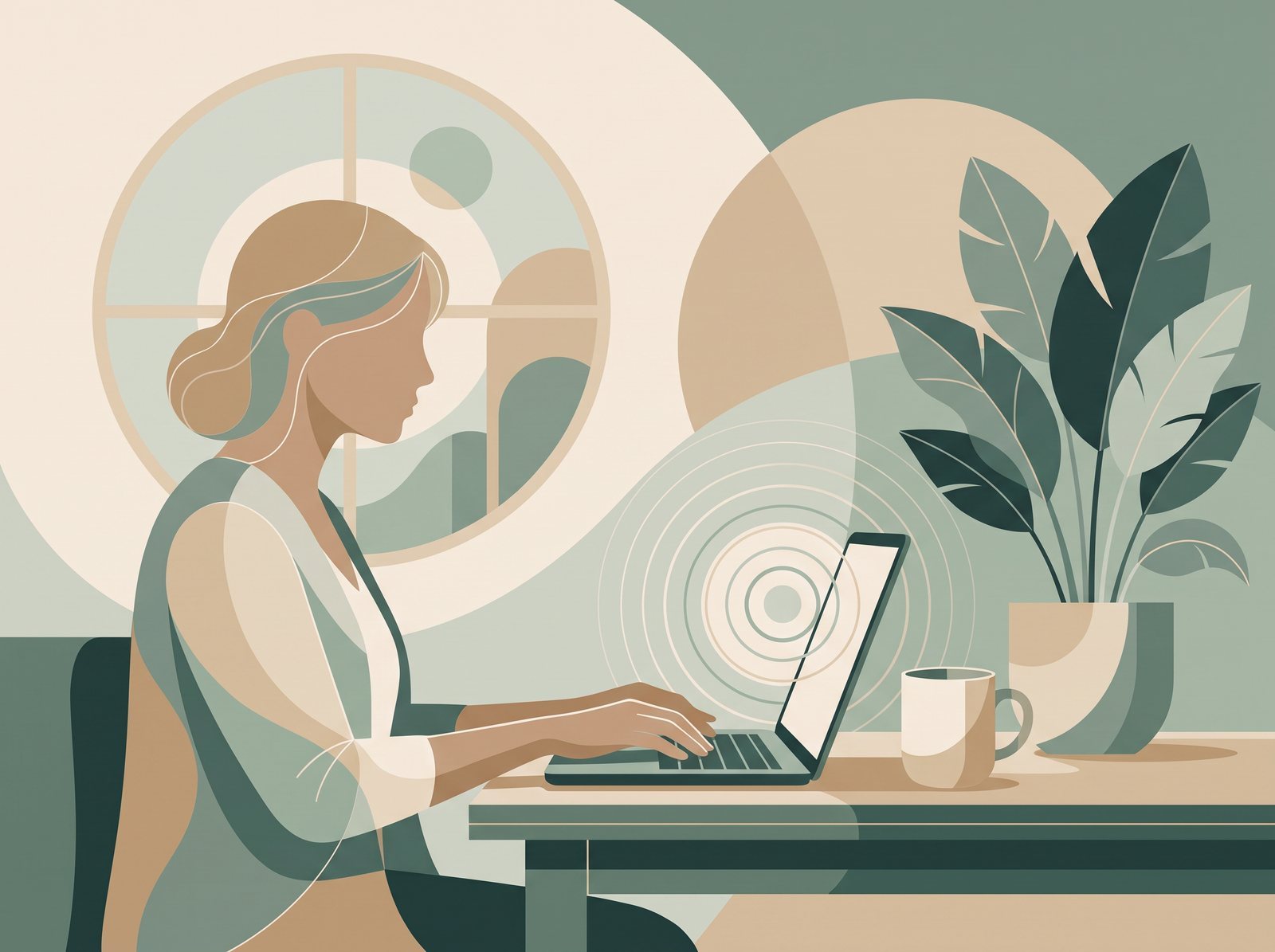 Illustratie: vrouw achter haar laptop tijdens een online sessie