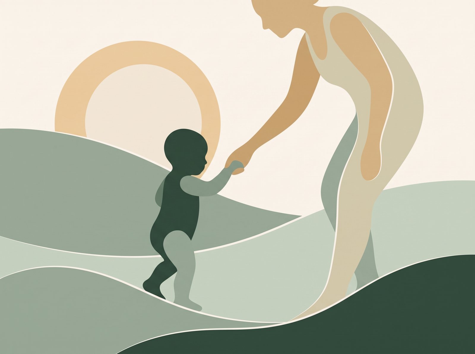 Illustratie: een kind leert lopen aan de hand van een volwassene