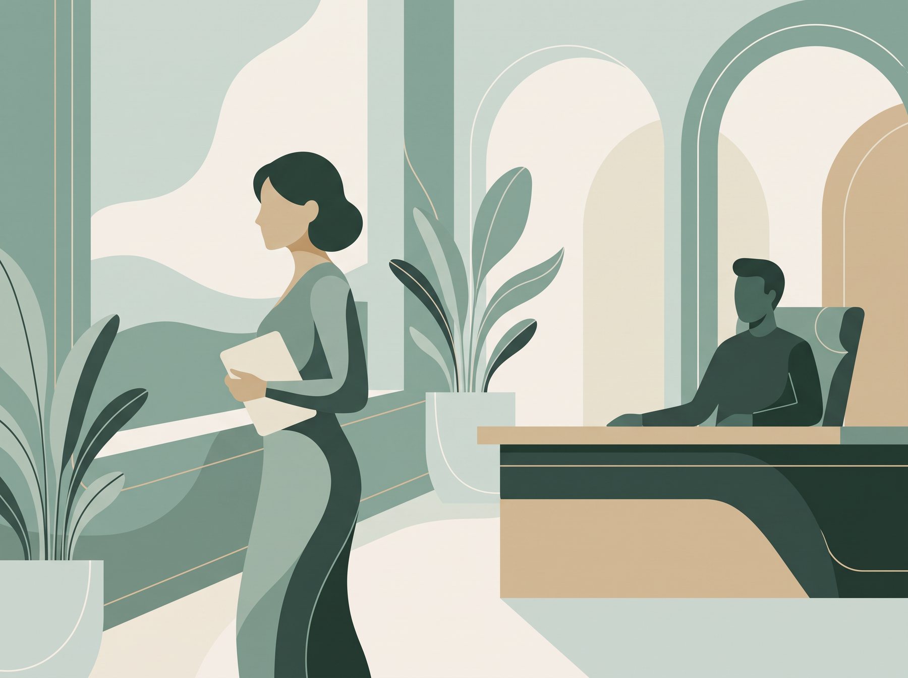 Illustratie: vrouw met een map in een kantoor, met een directeur aan zijn bureau