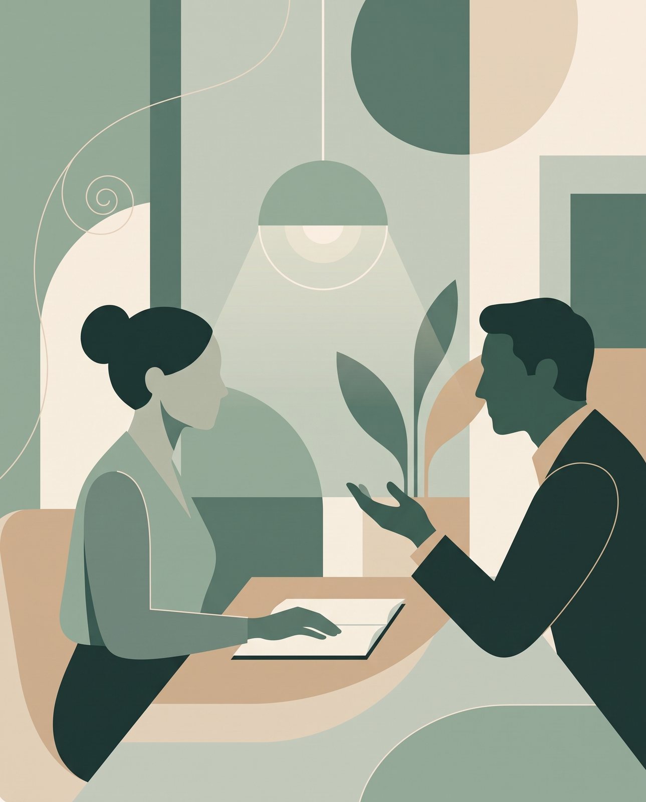 Illustratie: twee mensen in gesprek aan tafel