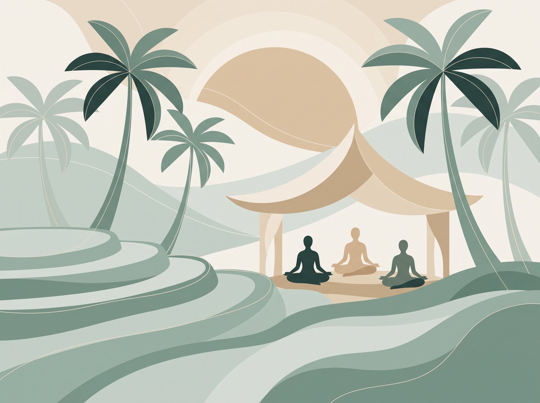 Illustratie: kleine groep in meditatie onder een paviljoen tussen de palmen